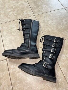 Demonia Black Lace-Up Combat Boots with Side Zip & Four Buckles